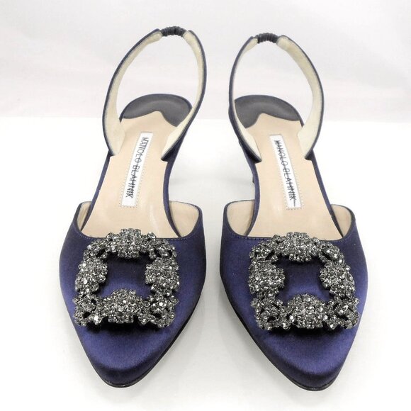 NEW$1295 Manolo Blahnik Hangisli 50 Satin Jewel Buckle Slingback Pump Low Heel 7 - Picture 8 of 16